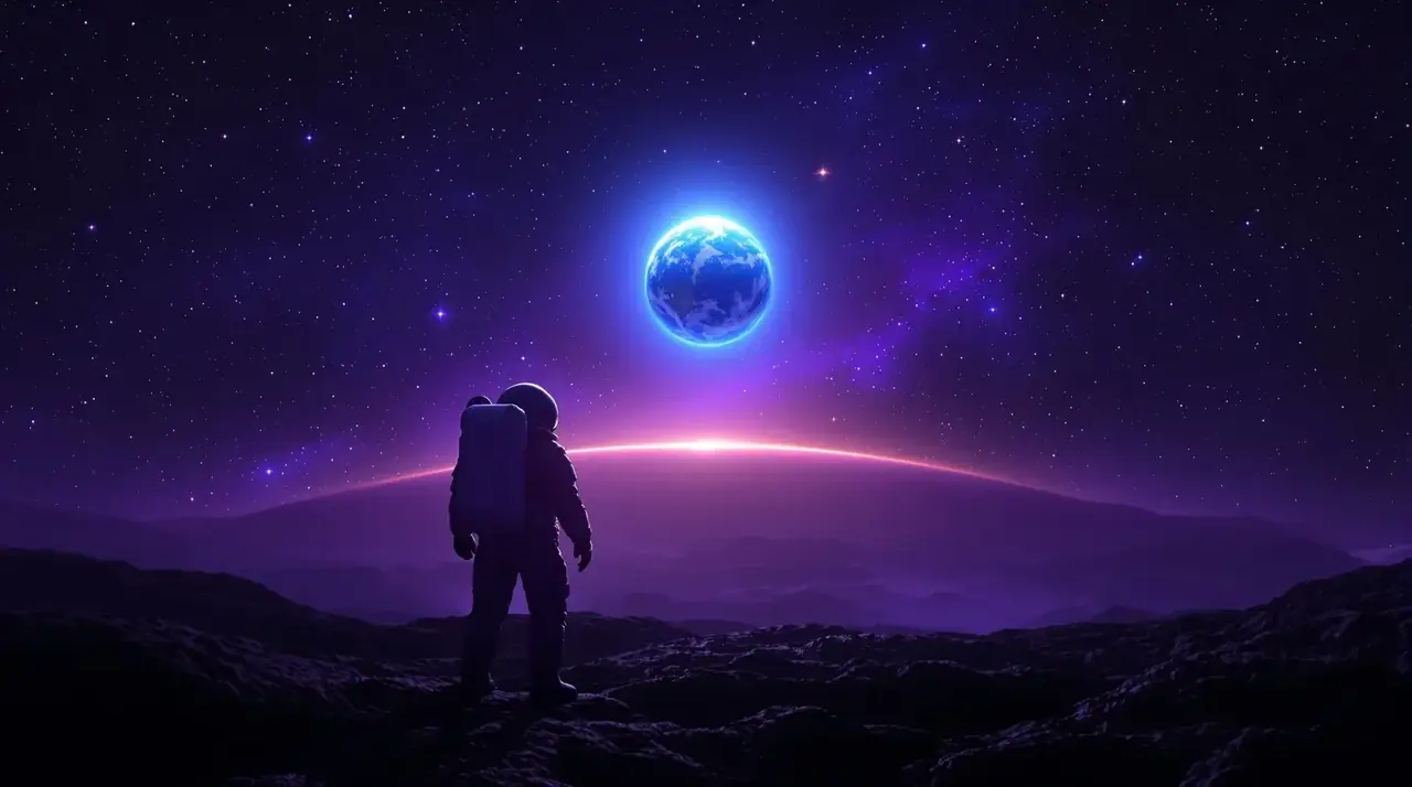 孤星计划首屏背景：深空中漂浮的宇航员与发光行星