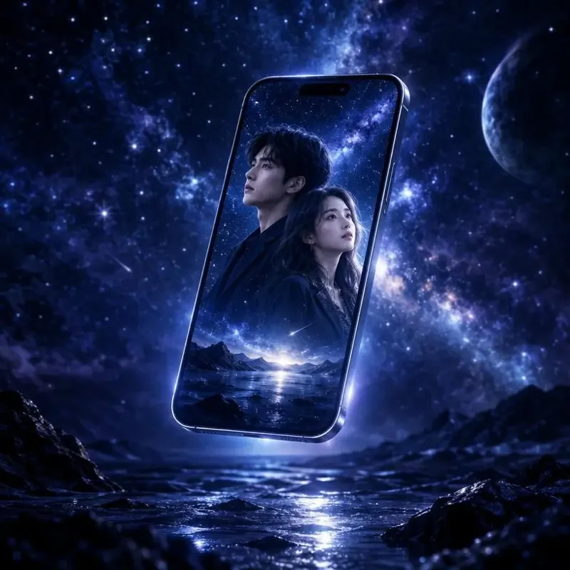 大片短剧 APP 界面展示：星夜主题的短剧播放页面