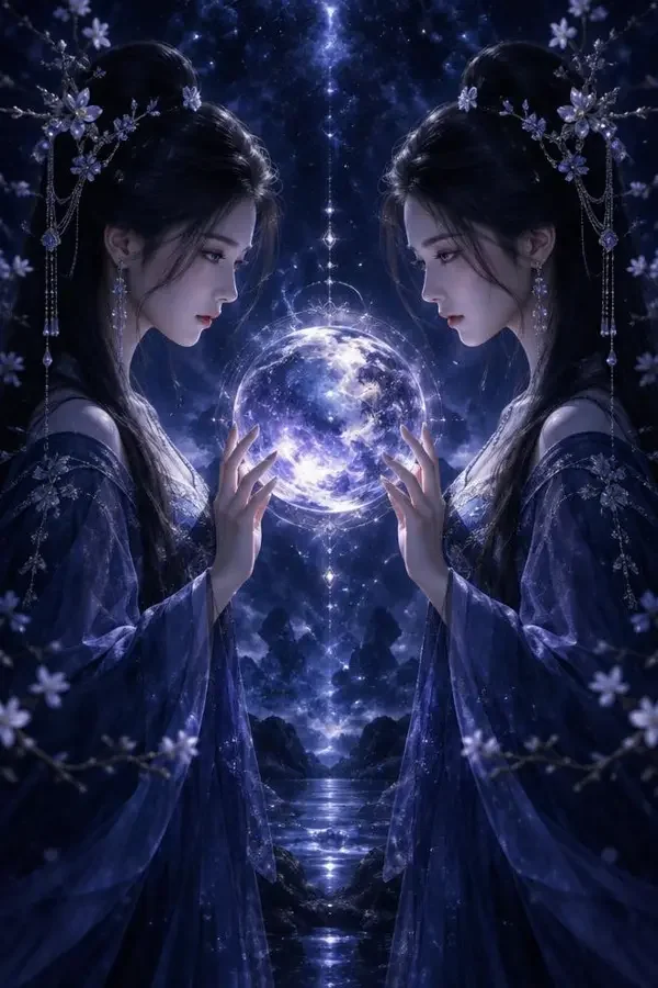 双子星短剧封面：发光球体两侧的镜像双生